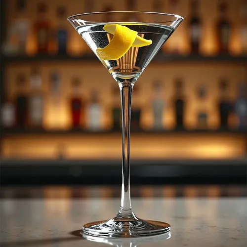 在马天尼酒杯中的经典伏特加马天尼鸡尾酒(Vodka Martini),以柠檬皮作为装饰。